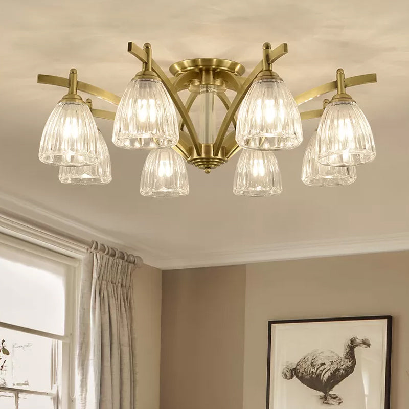 3/6/8 Bulbs Bell Semi Flush Light Modern Brass Textured Glass Ceiling Mount Chandelier for Living Room Clearhalo 'Ceiling Lights' 'Close To Ceiling Lights' 'Close to ceiling' 'Flush mount' Lighting' 2015488