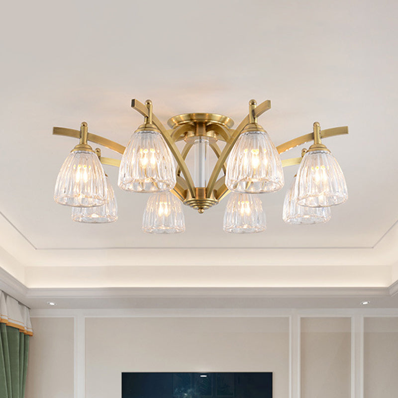 3/6/8 Bulbs Bell Semi Flush Light Modern Brass Textured Glass Ceiling Mount Chandelier for Living Room Clearhalo 'Ceiling Lights' 'Close To Ceiling Lights' 'Close to ceiling' 'Flush mount' Lighting' 2015489