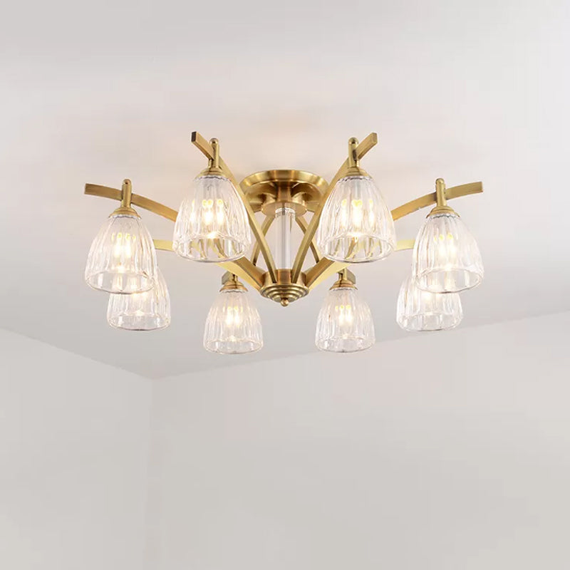 3/6/8 Bulbs Bell Semi Flush Light Modern Brass Textured Glass Ceiling Mount Chandelier for Living Room Clearhalo 'Ceiling Lights' 'Close To Ceiling Lights' 'Close to ceiling' 'Flush mount' Lighting' 2015490
