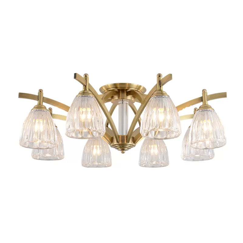 3/6/8 Bulbs Bell Semi Flush Light Modern Brass Textured Glass Ceiling Mount Chandelier for Living Room Clearhalo 'Ceiling Lights' 'Close To Ceiling Lights' 'Close to ceiling' 'Flush mount' Lighting' 2015491
