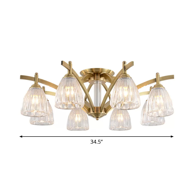 3/6/8 Bulbs Bell Semi Flush Light Modern Brass Textured Glass Ceiling Mount Chandelier for Living Room Clearhalo 'Ceiling Lights' 'Close To Ceiling Lights' 'Close to ceiling' 'Flush mount' Lighting' 2015492