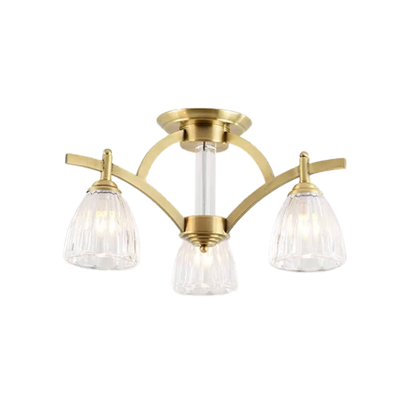 3/6/8 Bulbs Bell Semi Flush Light Modern Brass Textured Glass Ceiling Mount Chandelier for Living Room Clearhalo 'Ceiling Lights' 'Close To Ceiling Lights' 'Close to ceiling' 'Flush mount' Lighting' 2015494