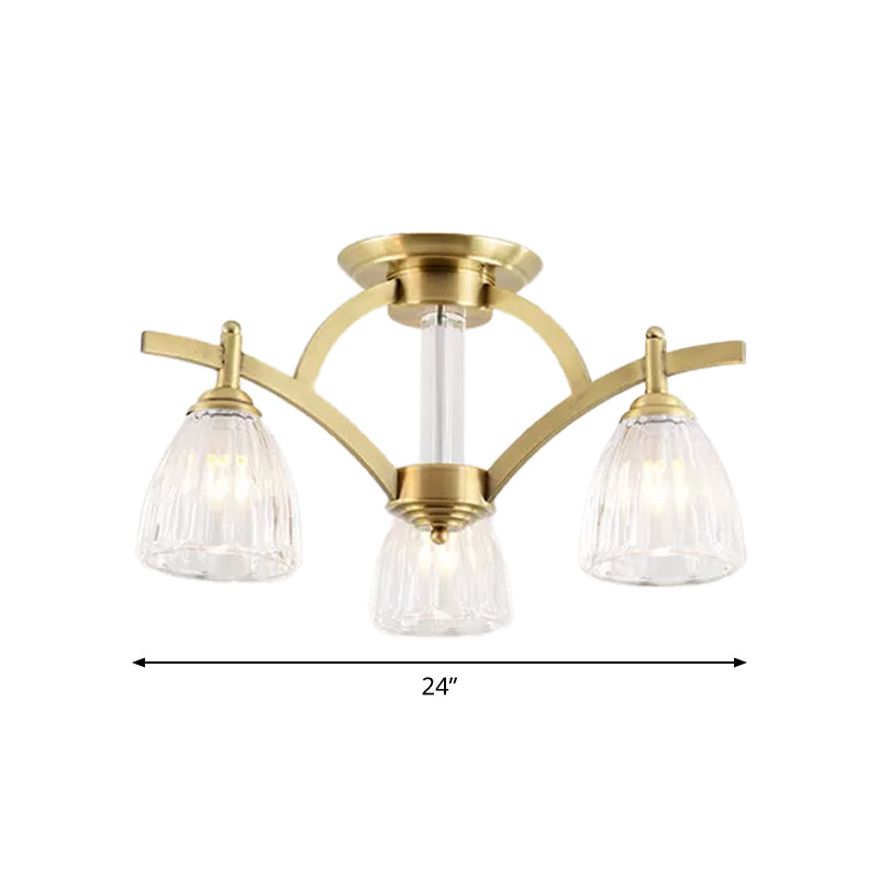 3/6/8 Bulbs Bell Semi Flush Light Modern Brass Textured Glass Ceiling Mount Chandelier for Living Room Clearhalo 'Ceiling Lights' 'Close To Ceiling Lights' 'Close to ceiling' 'Flush mount' Lighting' 2015496