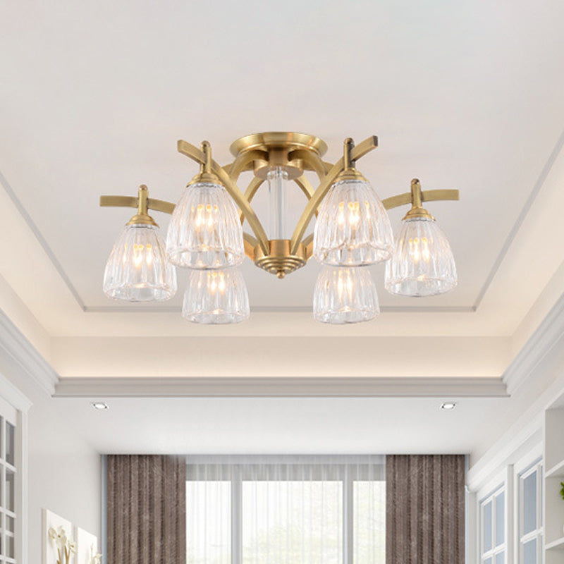 3/6/8 Bulbs Bell Semi Flush Light Modern Brass Textured Glass Ceiling Mount Chandelier for Living Room 6 Brass Clearhalo 'Ceiling Lights' 'Close To Ceiling Lights' 'Close to ceiling' 'Flush mount' Lighting' 2015497