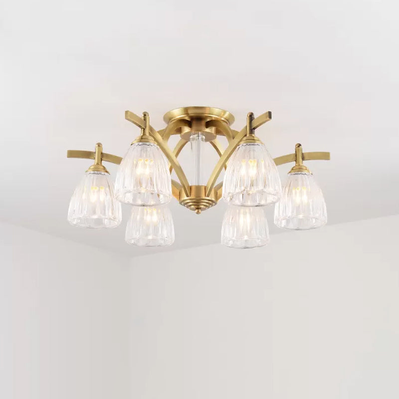 3/6/8 Bulbs Bell Semi Flush Light Modern Brass Textured Glass Ceiling Mount Chandelier for Living Room Clearhalo 'Ceiling Lights' 'Close To Ceiling Lights' 'Close to ceiling' 'Flush mount' Lighting' 2015498