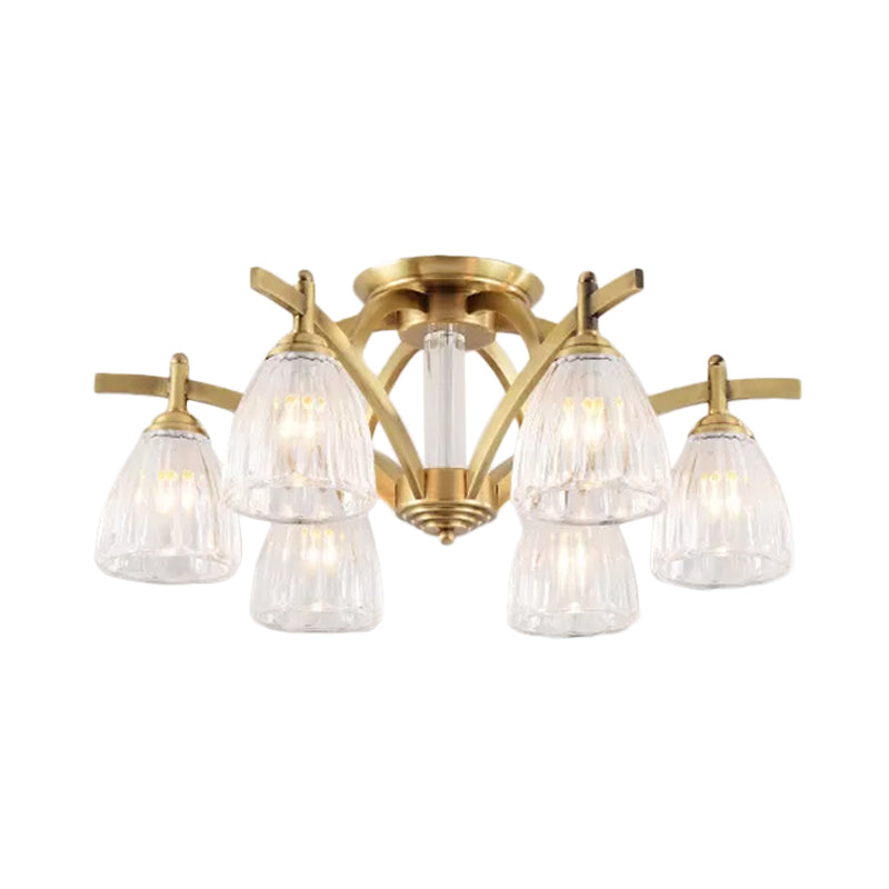 3/6/8 Bulbs Bell Semi Flush Light Modern Brass Textured Glass Ceiling Mount Chandelier for Living Room Clearhalo 'Ceiling Lights' 'Close To Ceiling Lights' 'Close to ceiling' 'Flush mount' Lighting' 2015499