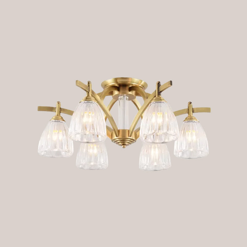 3/6/8 Bulbs Bell Semi Flush Light Modern Brass Textured Glass Ceiling Mount Chandelier for Living Room Clearhalo 'Ceiling Lights' 'Close To Ceiling Lights' 'Close to ceiling' 'Flush mount' Lighting' 2015500