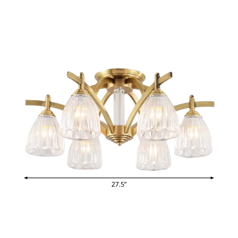 3/6/8 Bulbs Bell Semi Flush Light Modern Brass Textured Glass Ceiling Mount Chandelier for Living Room Clearhalo 'Ceiling Lights' 'Close To Ceiling Lights' 'Close to ceiling' 'Flush mount' Lighting' 2015501