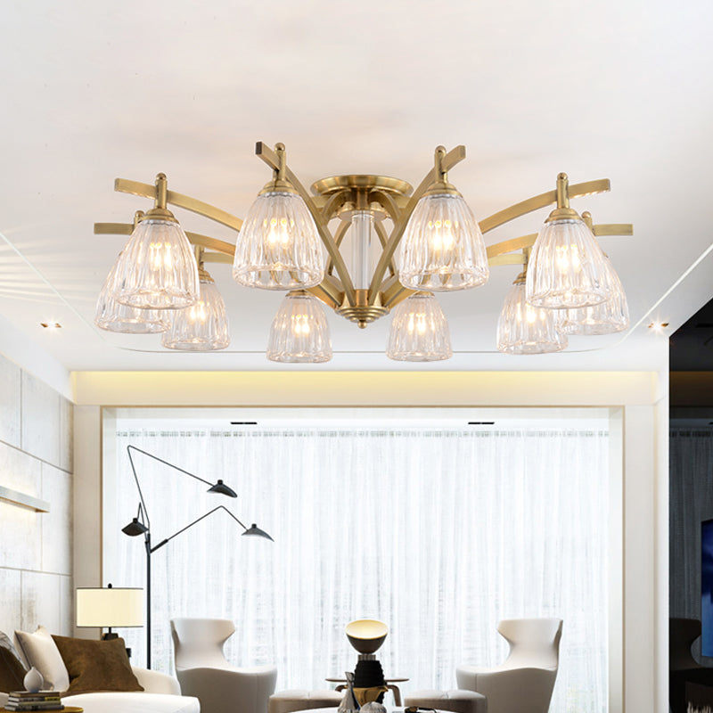 3/6/8 Bulbs Bell Semi Flush Light Modern Brass Textured Glass Ceiling Mount Chandelier for Living Room 10 Brass Clearhalo 'Ceiling Lights' 'Close To Ceiling Lights' 'Close to ceiling' 'Flush mount' Lighting' 2015502