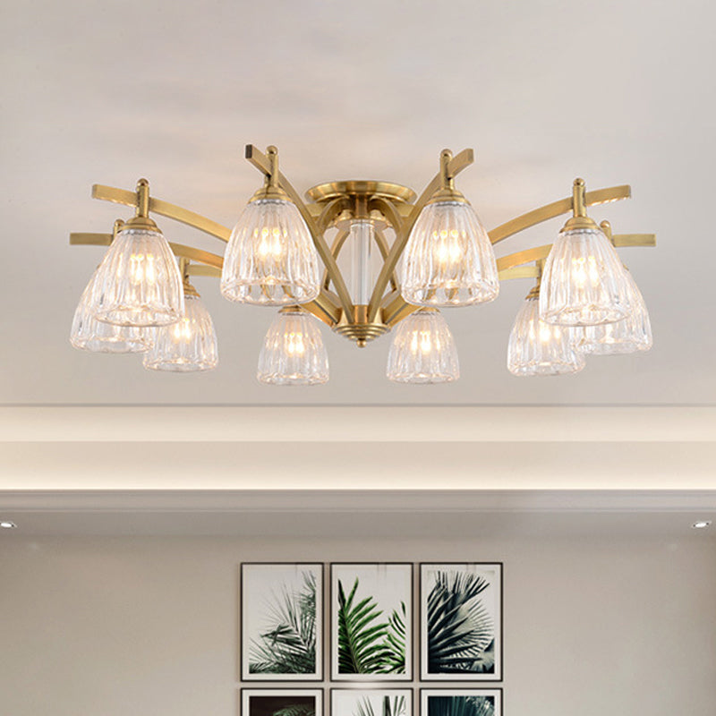 3/6/8 Bulbs Bell Semi Flush Light Modern Brass Textured Glass Ceiling Mount Chandelier for Living Room Clearhalo 'Ceiling Lights' 'Close To Ceiling Lights' 'Close to ceiling' 'Flush mount' Lighting' 2015503