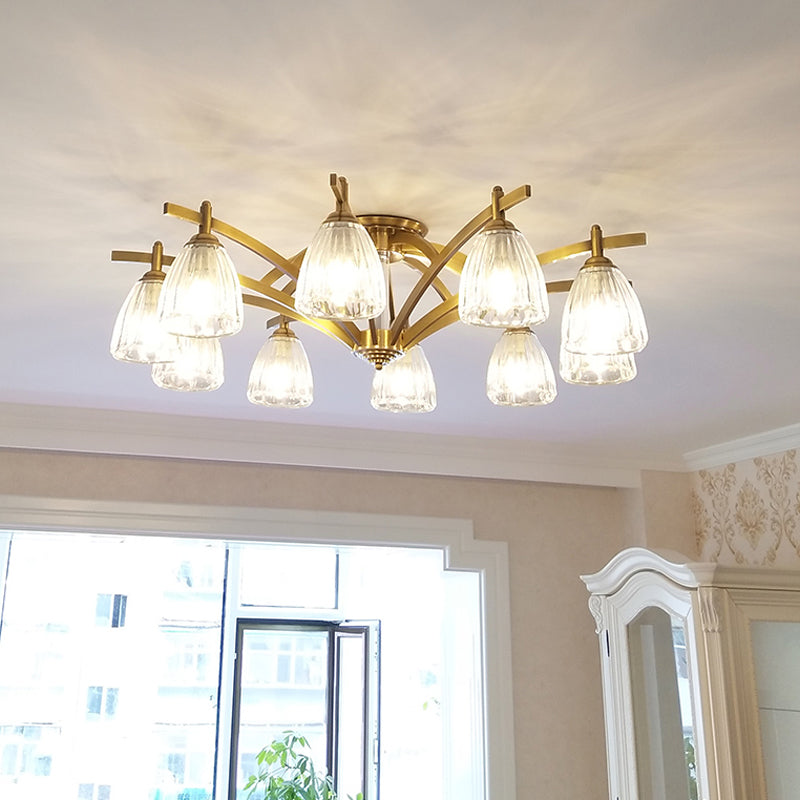 3/6/8 Bulbs Bell Semi Flush Light Modern Brass Textured Glass Ceiling Mount Chandelier for Living Room Clearhalo 'Ceiling Lights' 'Close To Ceiling Lights' 'Close to ceiling' 'Flush mount' Lighting' 2015504