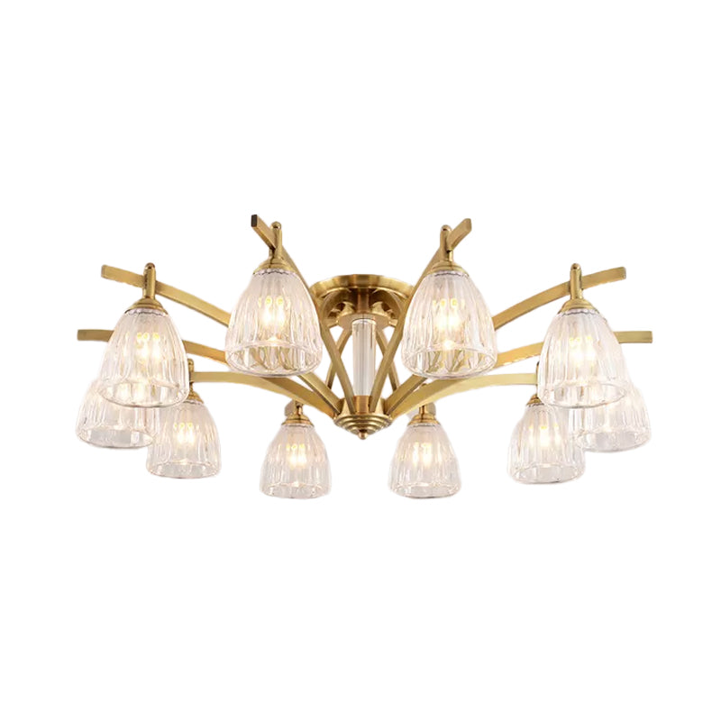 3/6/8 Bulbs Bell Semi Flush Light Modern Brass Textured Glass Ceiling Mount Chandelier for Living Room Clearhalo 'Ceiling Lights' 'Close To Ceiling Lights' 'Close to ceiling' 'Flush mount' Lighting' 2015505