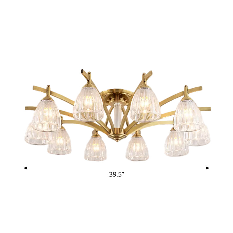3/6/8 Bulbs Bell Semi Flush Light Modern Brass Textured Glass Ceiling Mount Chandelier for Living Room Clearhalo 'Ceiling Lights' 'Close To Ceiling Lights' 'Close to ceiling' 'Flush mount' Lighting' 2015506