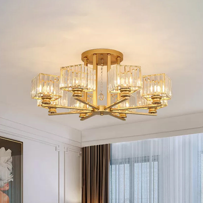 Prismatic Crystal Rectangle Flush Chandelier Modern 4/6/8 Lights Living Room Semi Flush Ceiling Lamp in Black/Gold Clearhalo 'Ceiling Lights' 'Close To Ceiling Lights' 'Close to ceiling' 'Semi-flushmount' Lighting' 2015508