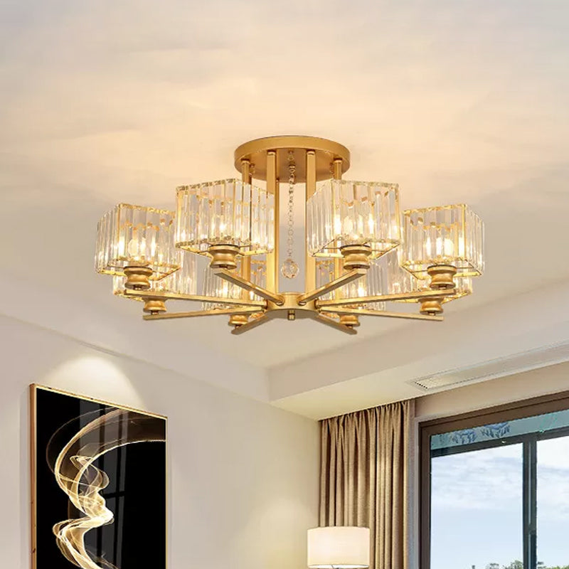 Prismatic Crystal Rectangle Flush Chandelier Modern 4/6/8 Lights Living Room Semi Flush Ceiling Lamp in Black/Gold Clearhalo 'Ceiling Lights' 'Close To Ceiling Lights' 'Close to ceiling' 'Semi-flushmount' Lighting' 2015509