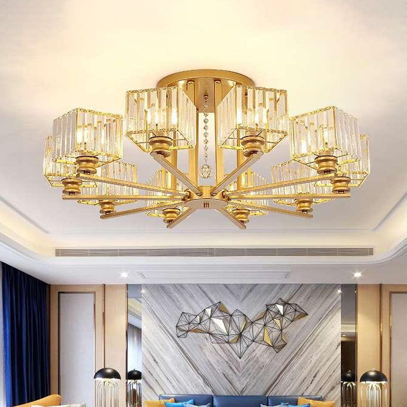 Prismatic Crystal Rectangle Flush Chandelier Modern 4/6/8 Lights Living Room Semi Flush Ceiling Lamp in Black/Gold 10 Gold Clearhalo 'Ceiling Lights' 'Close To Ceiling Lights' 'Close to ceiling' 'Semi-flushmount' Lighting' 2015512