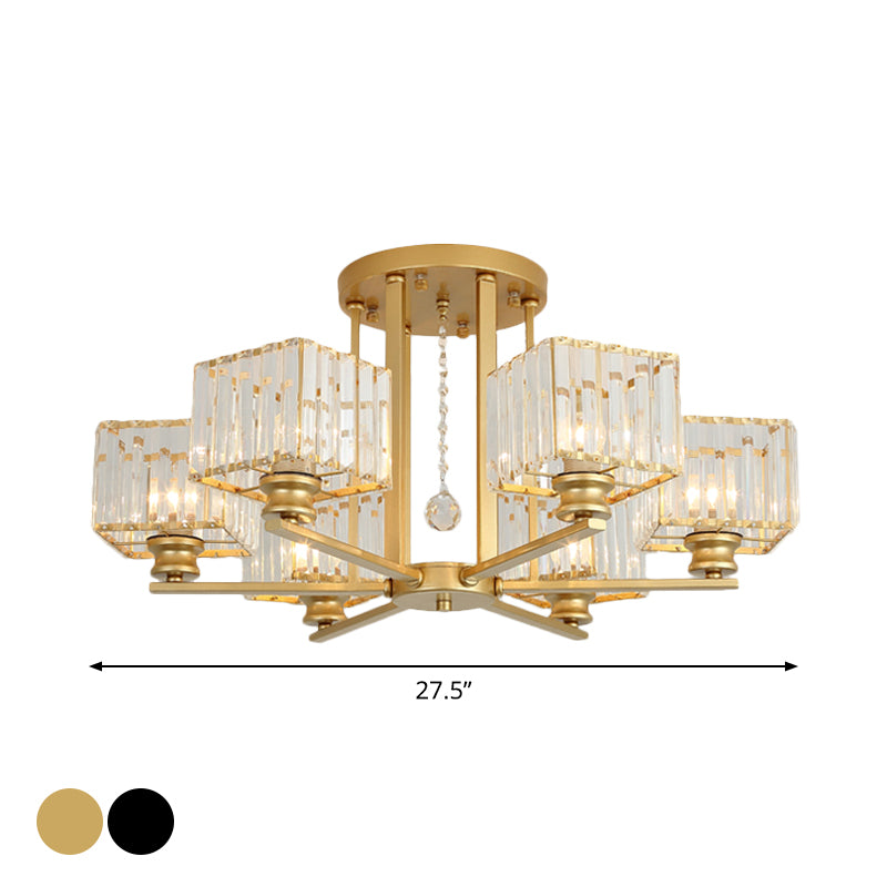 Prismatic Crystal Rectangle Flush Chandelier Modern 4/6/8 Lights Living Room Semi Flush Ceiling Lamp in Black/Gold Clearhalo 'Ceiling Lights' 'Close To Ceiling Lights' 'Close to ceiling' 'Semi-flushmount' Lighting' 2015519