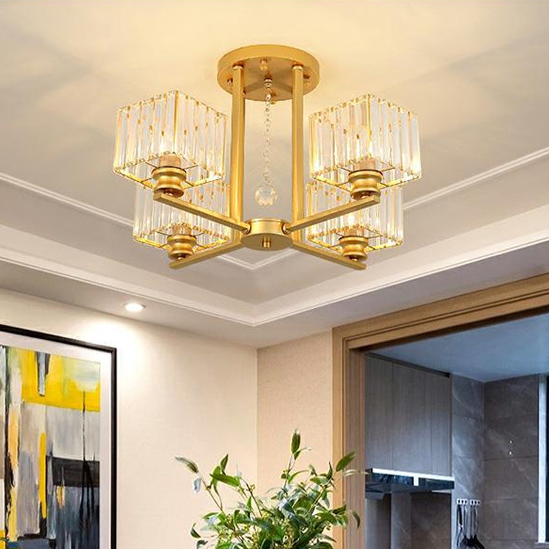 Prismatic Crystal Rectangle Flush Chandelier Modern 4/6/8 Lights Living Room Semi Flush Ceiling Lamp in Black/Gold 4 Gold Clearhalo 'Ceiling Lights' 'Close To Ceiling Lights' 'Close to ceiling' 'Semi-flushmount' Lighting' 2015520