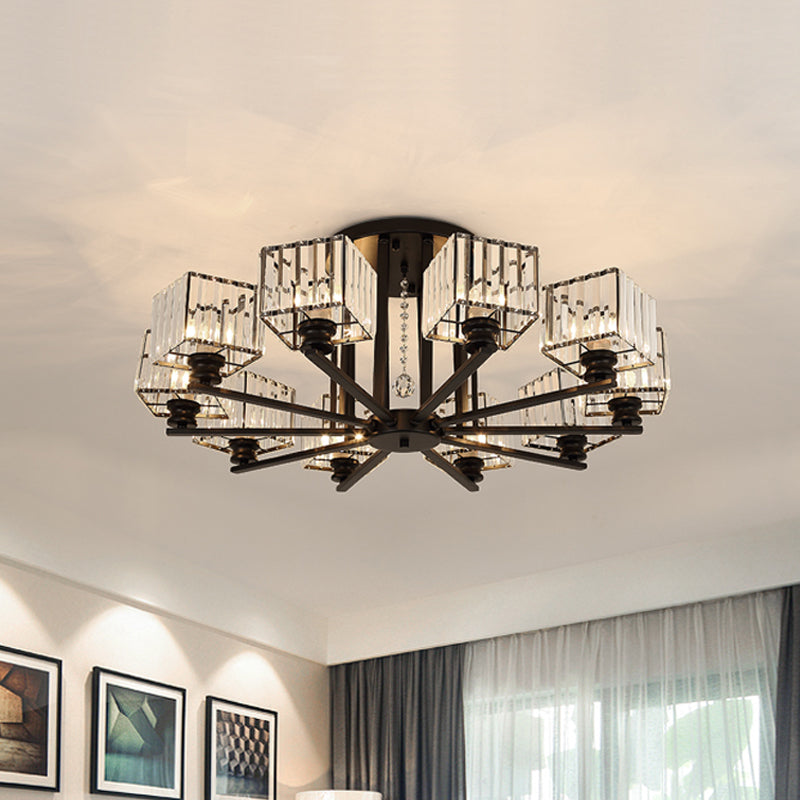 Prismatic Crystal Rectangle Flush Chandelier Modern 4/6/8 Lights Living Room Semi Flush Ceiling Lamp in Black/Gold 10 Black Clearhalo 'Ceiling Lights' 'Close To Ceiling Lights' 'Close to ceiling' 'Semi-flushmount' Lighting' 2015524