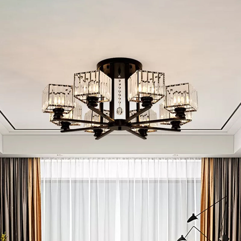 Prismatic Crystal Rectangle Flush Chandelier Modern 4/6/8 Lights Living Room Semi Flush Ceiling Lamp in Black/Gold 8 Black Clearhalo 'Ceiling Lights' 'Close To Ceiling Lights' 'Close to ceiling' 'Semi-flushmount' Lighting' 2015527