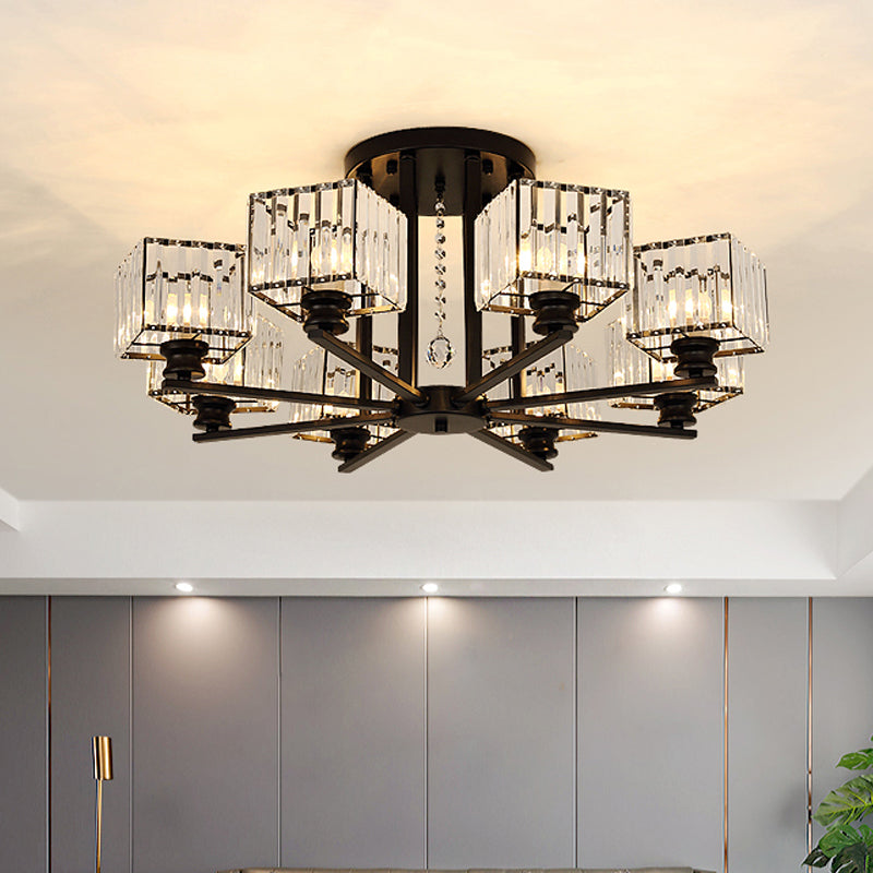 Prismatic Crystal Rectangle Flush Chandelier Modern 4/6/8 Lights Living Room Semi Flush Ceiling Lamp in Black/Gold Clearhalo 'Ceiling Lights' 'Close To Ceiling Lights' 'Close to ceiling' 'Semi-flushmount' Lighting' 2015528