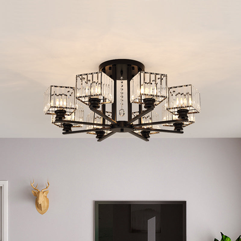Prismatic Crystal Rectangle Flush Chandelier Modern 4/6/8 Lights Living Room Semi Flush Ceiling Lamp in Black/Gold Clearhalo 'Ceiling Lights' 'Close To Ceiling Lights' 'Close to ceiling' 'Semi-flushmount' Lighting' 2015529