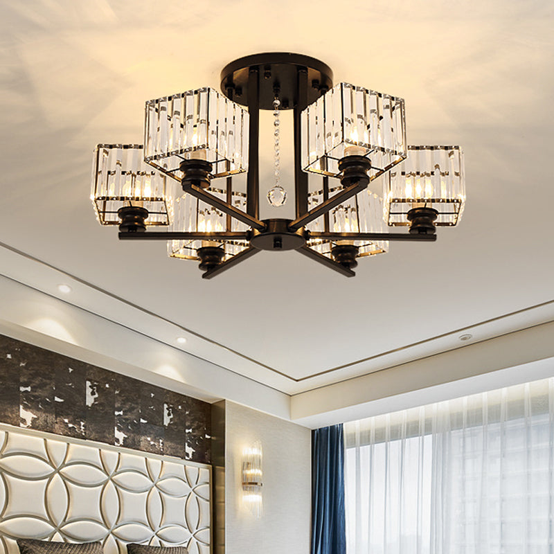Prismatic Crystal Rectangle Flush Chandelier Modern 4/6/8 Lights Living Room Semi Flush Ceiling Lamp in Black/Gold Clearhalo 'Ceiling Lights' 'Close To Ceiling Lights' 'Close to ceiling' 'Semi-flushmount' Lighting' 2015532