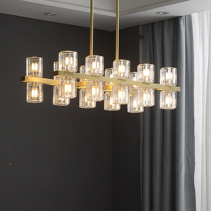 Cylindrical Crystal Island Pendant Postmodern 10/20 Lights Dining Table Hanging Light Fixture in Gold Clearhalo 'Ceiling Lights' 'Island Lights' Lighting' 2015648