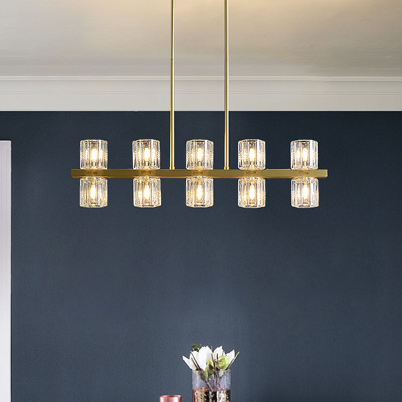 Cylindrical Crystal Island Pendant Postmodern 10/20 Lights Dining Table Hanging Light Fixture in Gold 10 Gold Clearhalo 'Ceiling Lights' 'Island Lights' Lighting' 2015651