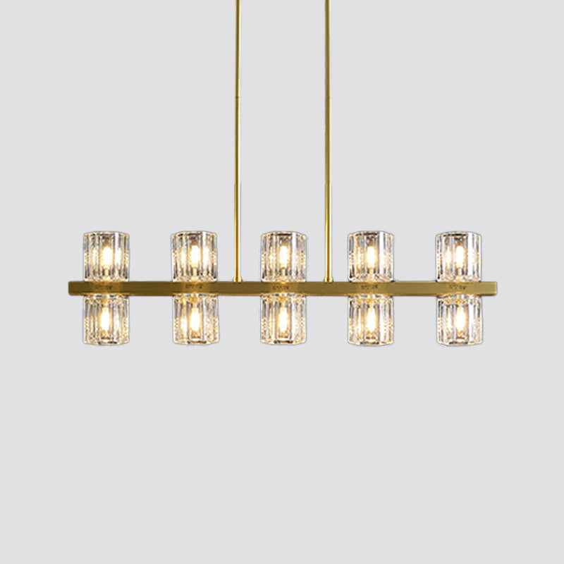 Cylindrical Crystal Island Pendant Postmodern 10/20 Lights Dining Table Hanging Light Fixture in Gold Clearhalo 'Ceiling Lights' 'Island Lights' Lighting' 2015654