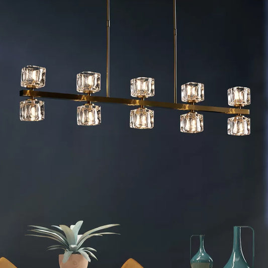 Ice Cube Dining Room Island Lamp Minimalist Crystal 5/10 Heads Gold Hanging Pendant Light Clearhalo 'Ceiling Lights' 'Island Lights' Lighting' 2015693