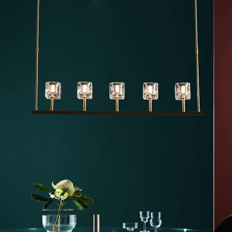 Ice Cube Dining Room Island Lamp Minimalist Crystal 5/10 Heads Gold Hanging Pendant Light 5 Gold Clearhalo 'Ceiling Lights' 'Island Lights' Lighting' 2015696