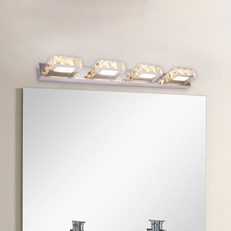 3/4-Light Beveled Crystal Vanity Sconce Modern Stainless Steel Round/Square Bathroom Wall Mount Lamp 4.0 Stainless-Steel Square Clearhalo 'Modern wall lights' 'Modern' 'Vanity Lights' 'Wall Lights' Lighting' 2015703