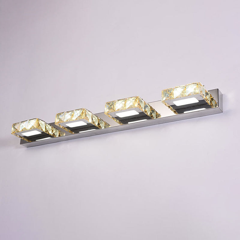 3/4-Light Beveled Crystal Vanity Sconce Modern Stainless Steel Round/Square Bathroom Wall Mount Lamp Clearhalo 'Modern wall lights' 'Modern' 'Vanity Lights' 'Wall Lights' Lighting' 2015705