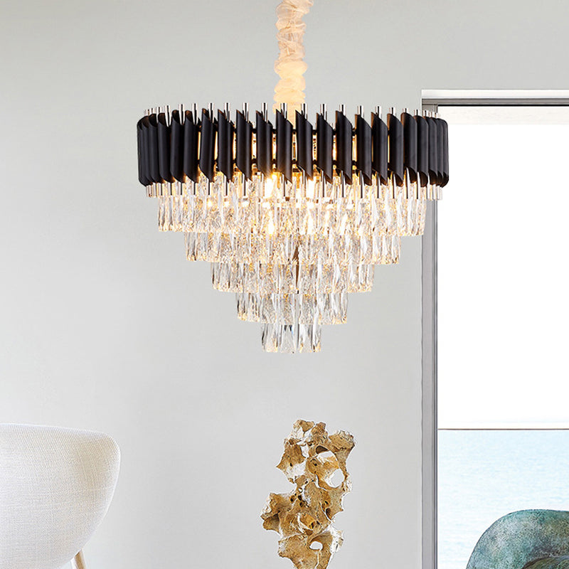 K9 Crystal Prism Cone Chandelier Pendant Modern 10/13/33 Lights Living Room Down Lighting Pendant in Black Black Clearhalo 'Ceiling Lights' 'Chandeliers' 'Modern Chandeliers' 'Modern' Lighting' 2015843