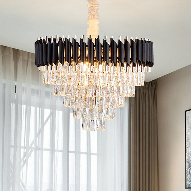 K9 Crystal Prism Cone Chandelier Pendant Modern 10/13/33 Lights Living Room Down Lighting Pendant in Black Clearhalo 'Ceiling Lights' 'Chandeliers' 'Modern Chandeliers' 'Modern' Lighting' 2015845