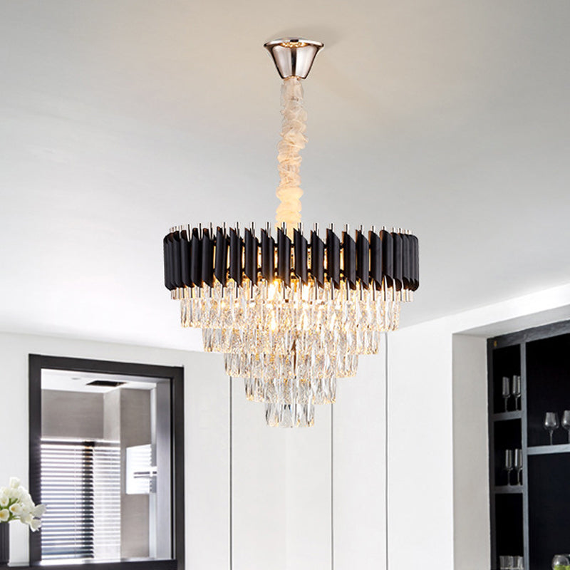 K9 Crystal Prism Cone Chandelier Pendant Modern 10/13/33 Lights Living Room Down Lighting Pendant in Black Clearhalo 'Ceiling Lights' 'Chandeliers' 'Modern Chandeliers' 'Modern' Lighting' 2015846