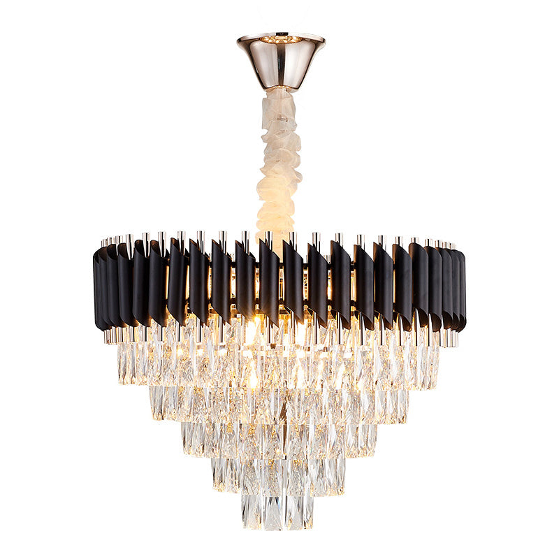 K9 Crystal Prism Cone Chandelier Pendant Modern 10/13/33 Lights Living Room Down Lighting Pendant in Black Clearhalo 'Ceiling Lights' 'Chandeliers' 'Modern Chandeliers' 'Modern' Lighting' 2015847