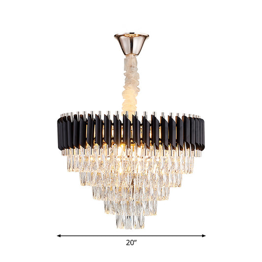 K9 Crystal Prism Cone Chandelier Pendant Modern 10/13/33 Lights Living Room Down Lighting Pendant in Black Clearhalo 'Ceiling Lights' 'Chandeliers' 'Modern Chandeliers' 'Modern' Lighting' 2015848