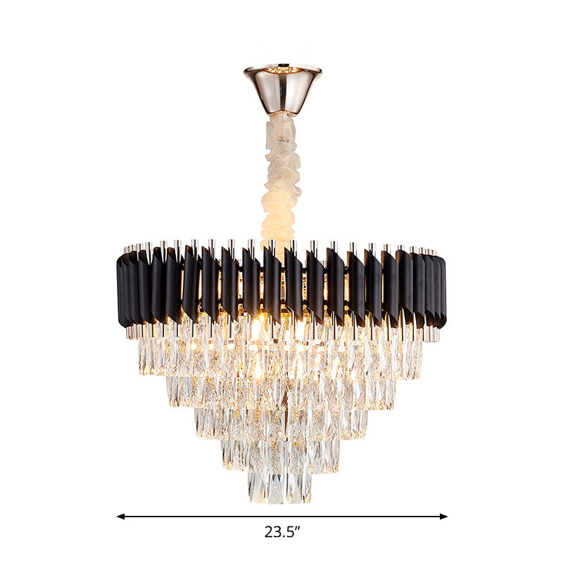 K9 Crystal Prism Cone Chandelier Pendant Modern 10/13/33 Lights Living Room Down Lighting Pendant in Black Clearhalo 'Ceiling Lights' 'Chandeliers' 'Modern Chandeliers' 'Modern' Lighting' 2015849