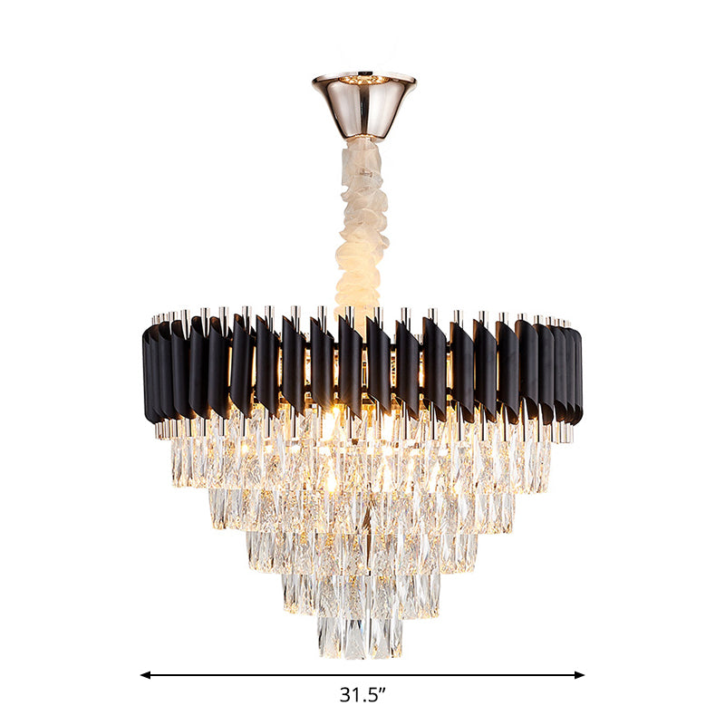 K9 Crystal Prism Cone Chandelier Pendant Modern 10/13/33 Lights Living Room Down Lighting Pendant in Black Clearhalo 'Ceiling Lights' 'Chandeliers' 'Modern Chandeliers' 'Modern' Lighting' 2015850