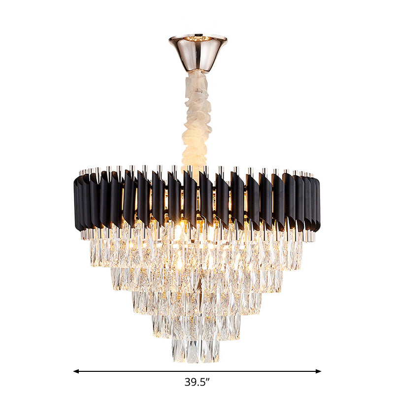 K9 Crystal Prism Cone Chandelier Pendant Modern 10/13/33 Lights Living Room Down Lighting Pendant in Black Clearhalo 'Ceiling Lights' 'Chandeliers' 'Modern Chandeliers' 'Modern' Lighting' 2015851