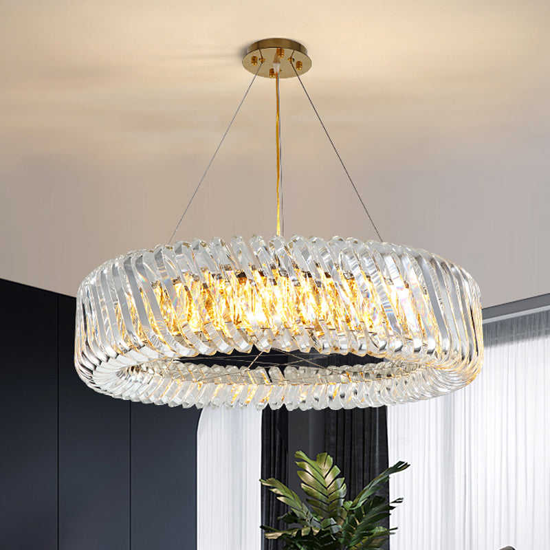 Minimalist Drum Pendant Lighting 4/8/12-Light Clear K9 Crystal Chandelier Light Fixture in Gold Clearhalo 'Ceiling Lights' 'Chandeliers' 'Modern Chandeliers' 'Modern' Lighting' 2015869