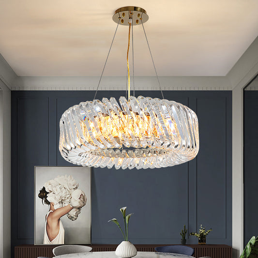 Minimalist Drum Pendant Lighting 4/8/12-Light Clear K9 Crystal Chandelier Light Fixture in Gold Clearhalo 'Ceiling Lights' 'Chandeliers' 'Modern Chandeliers' 'Modern' Lighting' 2015875