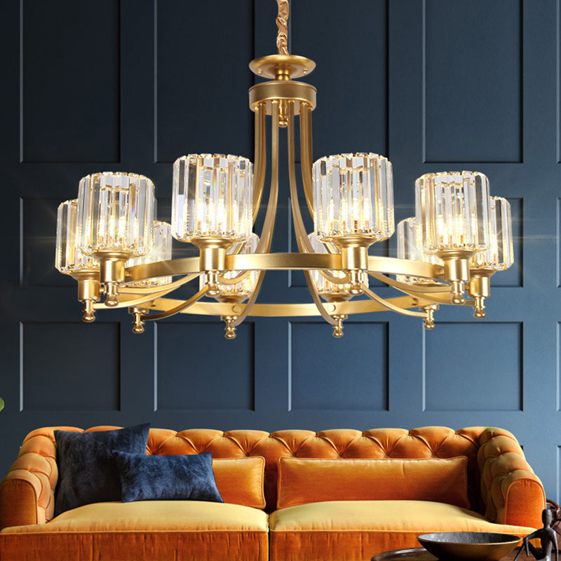 Postmodern Cylinder Chandelier 8/10-Light Prismatic Crystal Drop Lamp in Black/Gold for Living Room 10 Gold Clearhalo 'Ceiling Lights' 'Chandeliers' 'Modern Chandeliers' 'Modern' Lighting' 2015913