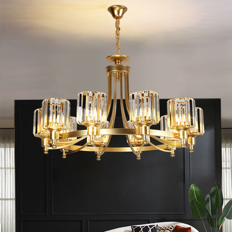 Postmodern Cylinder Chandelier 8/10-Light Prismatic Crystal Drop Lamp in Black/Gold for Living Room Clearhalo 'Ceiling Lights' 'Chandeliers' 'Modern Chandeliers' 'Modern' Lighting' 2015914
