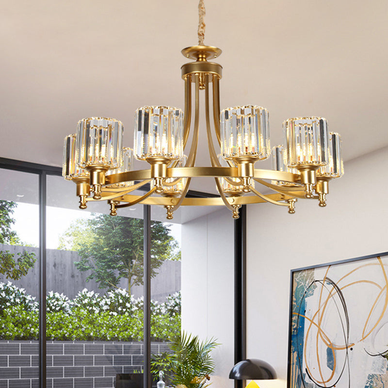Postmodern Cylinder Chandelier 8/10-Light Prismatic Crystal Drop Lamp in Black/Gold for Living Room Clearhalo 'Ceiling Lights' 'Chandeliers' 'Modern Chandeliers' 'Modern' Lighting' 2015915