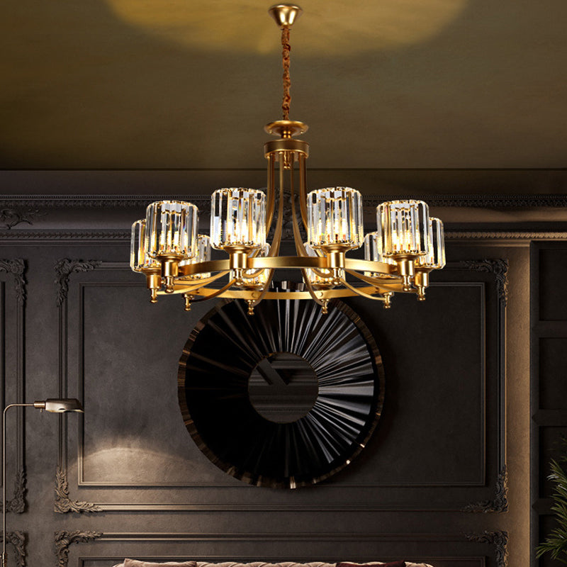 Postmodern Cylinder Chandelier 8/10-Light Prismatic Crystal Drop Lamp in Black/Gold for Living Room Clearhalo 'Ceiling Lights' 'Chandeliers' 'Modern Chandeliers' 'Modern' Lighting' 2015916