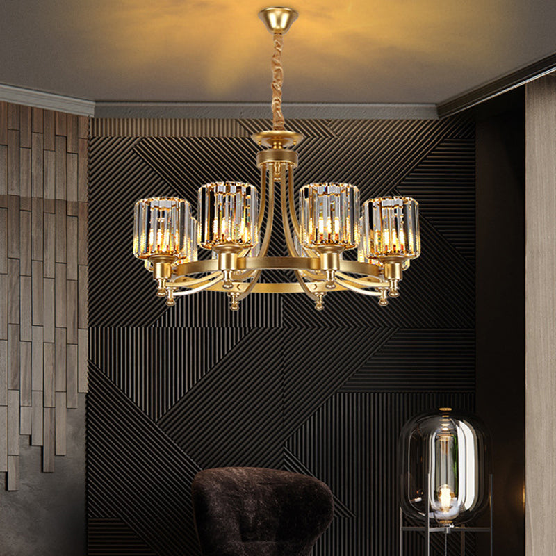 Postmodern Cylinder Chandelier 8/10-Light Prismatic Crystal Drop Lamp in Black/Gold for Living Room 8 Gold Clearhalo 'Ceiling Lights' 'Chandeliers' 'Modern Chandeliers' 'Modern' Lighting' 2015919