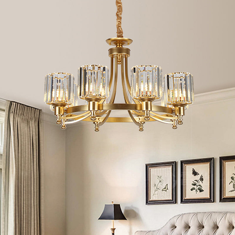 Postmodern Cylinder Chandelier 8/10-Light Prismatic Crystal Drop Lamp in Black/Gold for Living Room Clearhalo 'Ceiling Lights' 'Chandeliers' 'Modern Chandeliers' 'Modern' Lighting' 2015920
